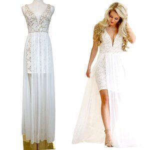 Ark & Co White Lace High Low Maxi Dress Deep V Bridal Small